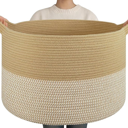 OIAHOMY 90L XXXLarge Blanket Basket for Living Room, 21.7" x 13.8" Woven Cotton Rope Laundry Basket for Organizing Pillows, Decorative Stuffed Animal Toy Storage for Nursery, Jute and White