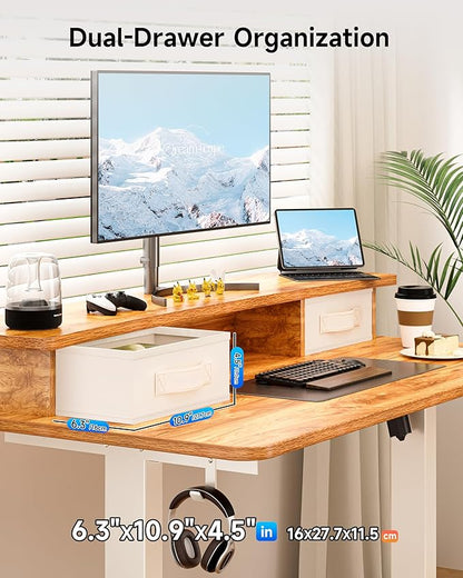 BIZUM Standing Desk with 2 Drawers Computer Desk-Stand up Desk Home Office Gaming Memory Desks C-Clamp Mount Compatible, 48x24 Inch Light Rustic Brown