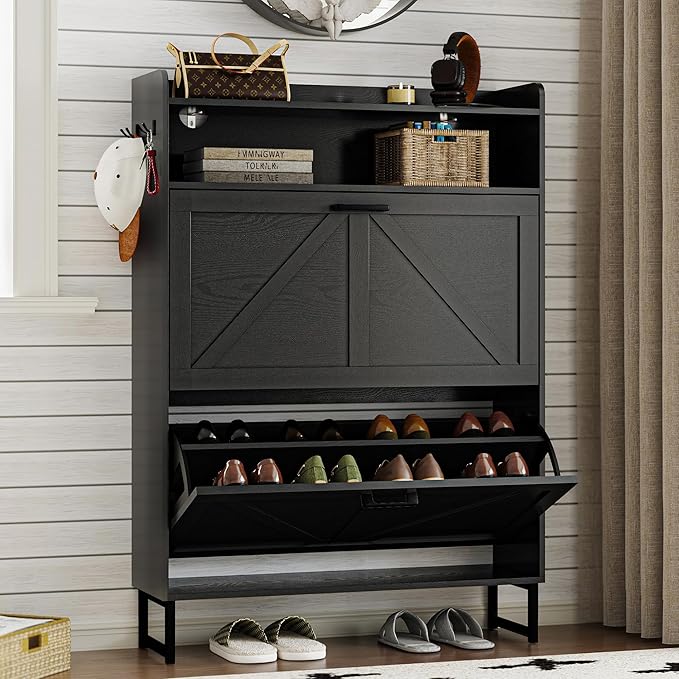 Shoe Cabinet with 2 Flip Drawers Narrow Shoe Storage Cabinet Organizer Wooden Freestanding Rack Hidden Slim Storage for Entryway, Hallway, Living Room, Bedroom