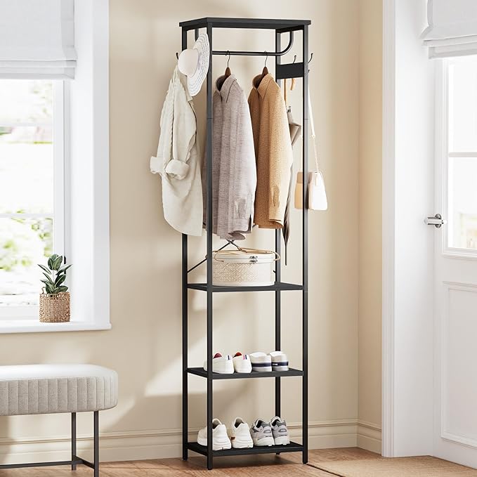 Coat Rack With Hanging Rod, Garment Rack With 3 Wooden Shelves and 4 Hooks, Freestanding Hall Tree, Industrial Clothes Rack Stand Organizer, Black