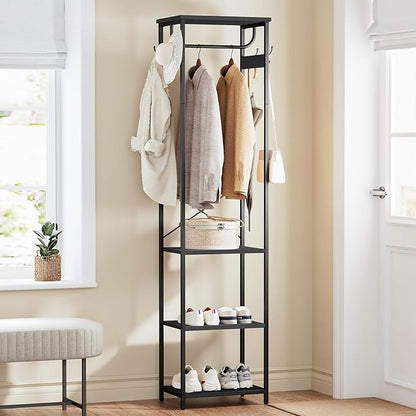 Coat Rack With Hanging Rod, Garment Rack With 3 Wooden Shelves and 4 Hooks, Freestanding Hall Tree, Industrial Clothes Rack Stand Organizer, Black