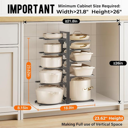 MUDEELA 10-Tier Pots and Pans Organizer under Cabinet, 23.62" Height Heavy Duty Pot and Pan Organizer Kitchen Cabinet Organization and Storage, Adjustable Pot Rack for Frying Pan, Cast Iron Skillet