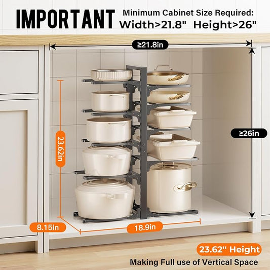 MUDEELA 10-Tier Pots and Pans Organizer under Cabinet, 23.62" Height Heavy Duty Pot and Pan Organizer Kitchen Cabinet Organization and Storage, Adjustable Pot Rack for Frying Pan, Cast Iron Skillet