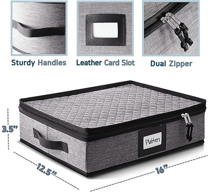 Platter Storage Case – Fine China Storage Containers Hard Shell, Quilted and Stackable 16”x 12.5”x 3.5” Platter Storage Container with Handles and Felt Dividers for Moving and Seasonal Storage, Grey