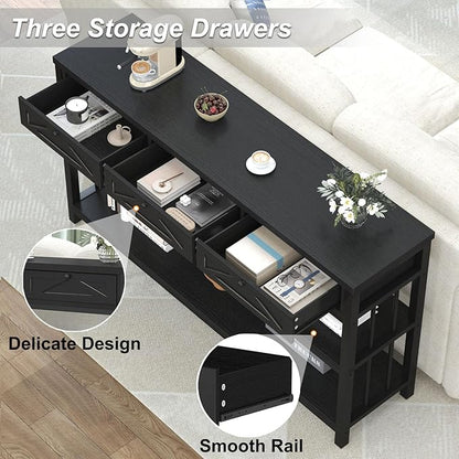 HSH Black Entryway Table with Drawers, 55” Sofa Table with Storage for Living Room, 3 Tier Console Tables with Shelves for Entrance, Wood Metal Entry Hallway Table Behind Couch, Black Oak, 55 Inch