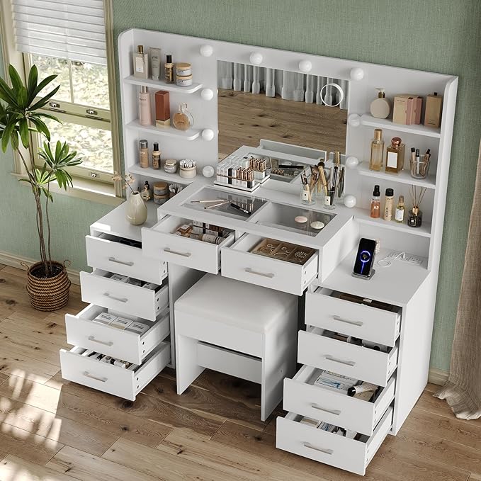 55'' W Makeup Vanity with Mirror & Lights, 10 Drawers Vanity Desk with Charging Station, 6 Open Shelves, 3 Lighting Modes Brightness Adjustable, Glass Top Vanity with Chair for Bedroom, White
