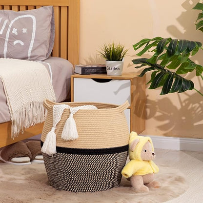 KAKAMAY Woven Baskets for Storage(17"x17"),Large Cotton Rope Woven Baby Laundry Hamper,Collapsible Laundry Basket, Blanket Basket for Organizing Living Room,Nursery,Clothes,Toy chest (Black)