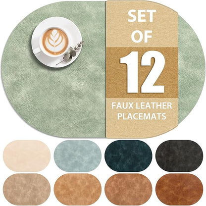 ADRIMER Placemats, Heat Resistant Oval Placemats Set of 12 Washable 12 x 17 Inch, Waterproof Table Mats, Wipeable Pu Place Mats for Kitchen, Dining Room, Green