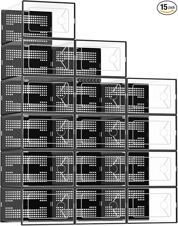 Sweetcrispy Shoe Storage Boxes, Clear Plastic Stackable Shoe Rack Organizer with Lids for Closet, Foldable Sneaker Container, Under Bed and Entryway, 15 Pack, Black