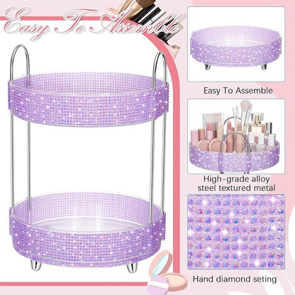 Honeydak 360 Rotating Perfume Organizer Gift for Women, Rhinestone Preppy Skincare Organizer Bathroom Counter Makeup Holder Skincare and Perfume Storage for Cosmetic(2 Tiers,Resin Diamond,Purple)