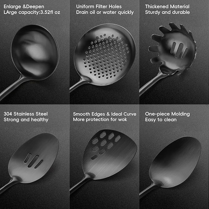 18/10 Stainless Steel Kitchen Utensils Set with Wood Handle Metal Cooking Utensils Set, 6-Piece - Spatula, Spoon, Ladle, Skimmer, Slotted Spoon, Pasta