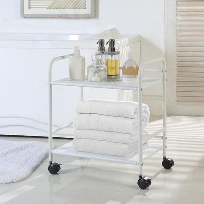 SunnyPoint 2-Tier Metal Rolling Utility Cart – Mobile Storage Shelf with Caster Wheels – Small Space Organizer for Home, Office, Bedroom, Kitchen (WHT) (Pack of 2)