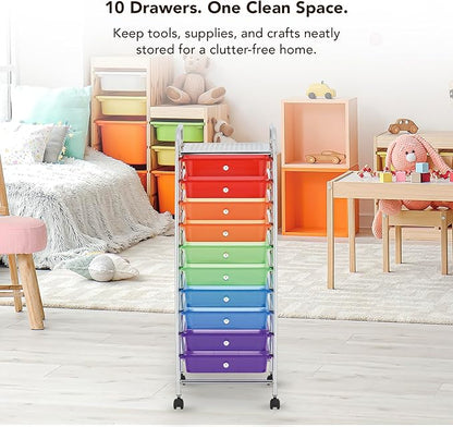 Display By Jack 10-Drawer Rainbow Storage Cart with Top Shelf, Color-Coded Organizer on Locking Wheels, Slim 36" Chrome Frame for Classroom, Art Studio, Home, or Office