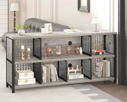 LVB Industrial 4 5 6 7 8 Cube Bookcase, Rustic Wood Metal Horizontal Bookshelf, Modern Wide Cube Organizer Storage Shelf, Large Long Low Book Shelf for Office Bedroom Living Room, Light Grey Oak 63 In