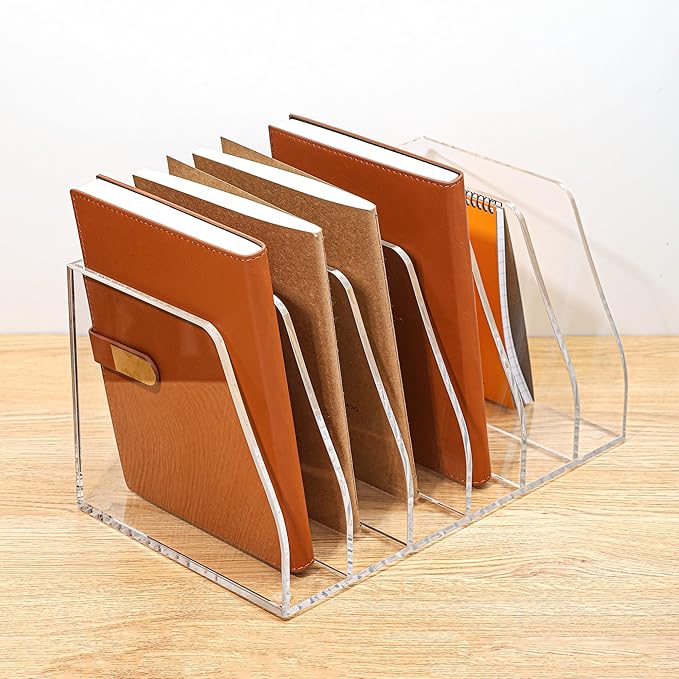 Acrylic Magazine File Holder, 6 Vertical Compartments Desk Document Sorter Organizer, Clear Folder Rack Binder for Office, Documents, Tablets, Magazines, Books – Home/Classroom Rack