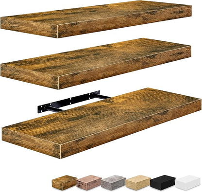 Sorbus Floating Shelves for Wall - 24" Bathroom Shelves, Wall Decor for Bedroom, Kitchen, Living Room, Home Decor & Book storage - Mounted Floating Shelf with Invisible Brackets (Rustic Brown, 3 Pack)