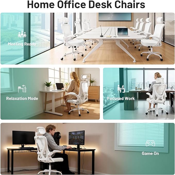 Office Chair - Ergonomic Desk Chair Breathable Mesh Chair with 2D Headrest & Adjustable Lumbar Support - Executive High Back Rolling Swivel Computer Gaming Chair with Wheels Flip-up Armrests