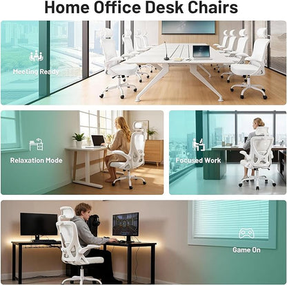 Office Chair - Ergonomic Desk Chair Breathable Mesh Chair with 2D Headrest & Adjustable Lumbar Support - Executive High Back Rolling Swivel Computer Gaming Chair with Wheels Flip-up Armrests