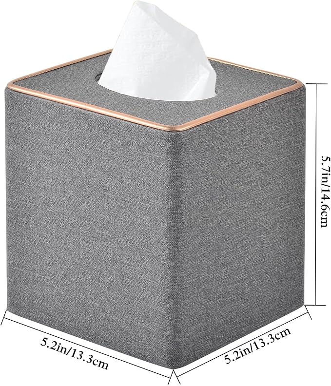 RHCSZ Linen Square Tissue Box Holder Cube Tissue Box Cover－Rosegold Leather Recorate,Napkin Holder Case Dispenser, Tissue Holders with Magnetic Bottom for Home Office Car Hotel Restaurant,Grey