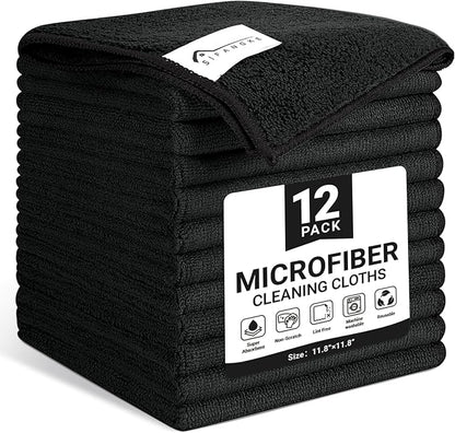 SIFANGKE Microfiber Cleaning Cloth, 12 Pack Lint-Free and Highly Absorbent Rags, Black Reusable Microfiber Towels for Car, Kitchen, Bathroom and Household Cleaning Supplies, 11.8"X11.8"
