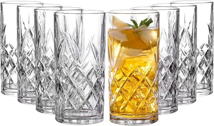 Royalty Art Kinsley Tall Highball Glasses Set of 4, 12 Ounce Cups, Textured Designer Glassware for Drinking Water, Beer, or Soda, Trendy and Elegant Dishware, Dishwasher Safe (Hiball Set Of 4)