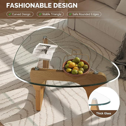Modern Glass Coffee Table, Triangle Center Table with Tempered Glass Top& Unique Wooden Base, 42.5” Mid Century Tea Tables for Living Room, Apartment, Office,Wood &Transparent