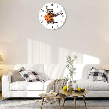 SPUNKER Clock for Bedroom,Funny Raccoon Kitchen Wall Clock,Acoustic Guitar Rock Clocks 10 Inch Silent Non-Ticking Wall Battery Operated for Living Room Bedroom Bathroom Laundry Room Decor