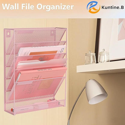 Kuntine.B 6-Tier Wall File Organizer Hanging File Organizer Cubicle Organizer Wall File Holder for Office Home (Pink, 6 Tier)