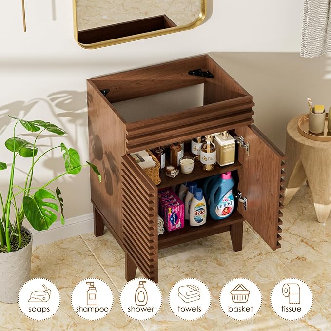 ROOMTEC 24" Bathroom Vanity, Mid-Century Freestanding Bathroom Cabinet Vanity with Storage, Particleboard Frame with Wood Grain Laminate, Walnut (Sink Basin Not Included)