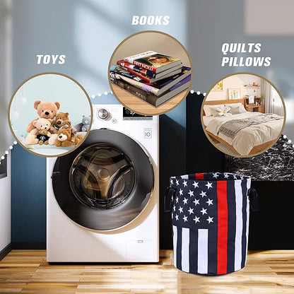 American Flag Thin Red Line Laundry Basket Foldable Oxford Cloth Funny Tote Bag Laundry Hamper Clothes Storage Bucket Organizer For Bathroom/Laundry Storage /Bedroom17.7x13.7 Inch
