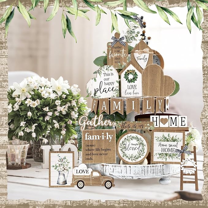 Yaomiao 21 Pcs Farmhouse Tiered Tray Decor Set Rustic Farmhouse Wood Decor Sign Item Vintage Rustic Family Gather Blessed Tiered Tray This is Our Happy Place Sign for Home Kitchen Table Shelf(Leaves)