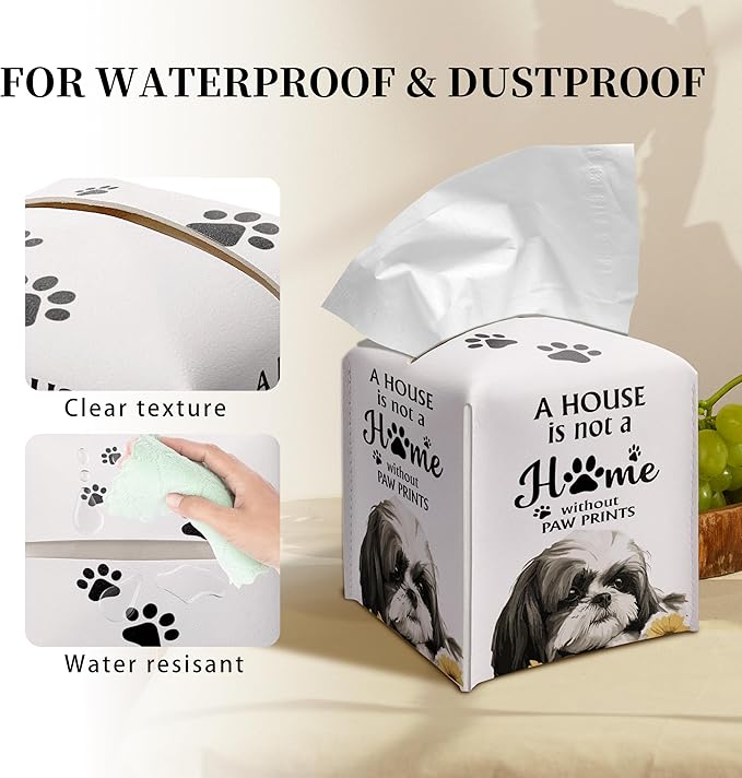 Grace Yonks Cute Shih Tzu Tissue Box Cover Square, Shih Tzu Dog Cube Case for Facial Tissues, 5.2" PU Leather(029)