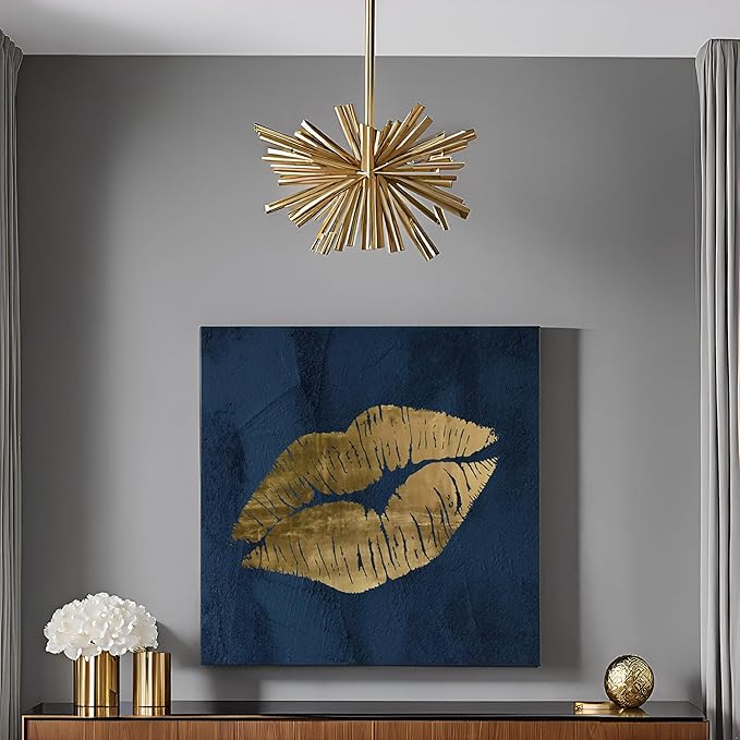 Navy Blue and Gold Wall Decor Fashion Lip Canvas Wall Art Glam Lip Poster Sexy Painting Designer Picture for Bedroom Bathroom Makeup Room Decoration 24x24Inch