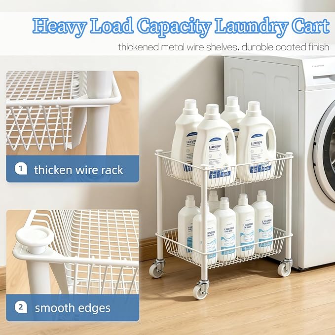 2 Tier Small Utility Cart on Wheels Short Rolling Pantry Cart Thick Metal Wire Basket Stand, Fruit Vegetables Storage Rack for Kitchen, Under Desk Storage for Small Space Bathroom Laundry, White