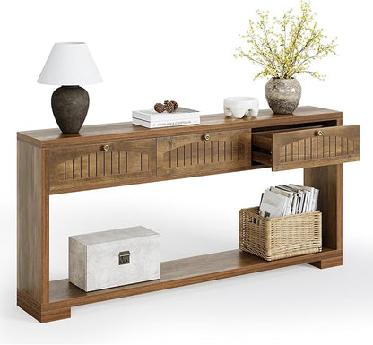 LITTLE TREE 70.8-Inch Long Console Table with 3 Drawers, Narrow Farmhouse Entryway Table for Hallway, Entry, Behind Couch, Living Room, Sofa, Entrance, Foyer with 2-Tier Shelves, Rustic Brown
