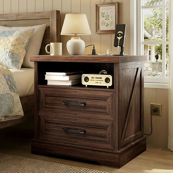 AODK 24 Inch Farmhouse Nightstand with Charging Station, Wood Bedside Table with 2 Drawers, Rustic Wood End Table with Outlet and USB for Bedroom, Dark Walnut