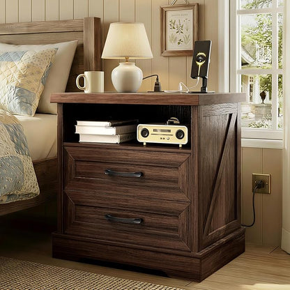 AODK 24 Inch Farmhouse Nightstand with Charging Station, Wood Bedside Table with 2 Drawers, Rustic Wood End Table with Outlet and USB for Bedroom, Dark Walnut