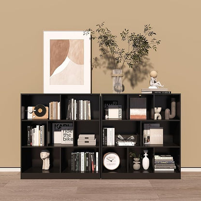 Black Bookshelf, Wooden Bookshelf with Base, Cube Storage Organizer, Bookcase for Living Room,Bedroom,Study and Office (Black, 8-Cube)