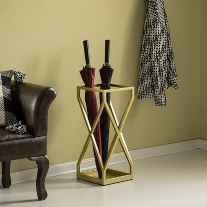 Vintiquewise Decorative Gold Square X Design Umbrella Holder Stand for Indoor and Outdoor