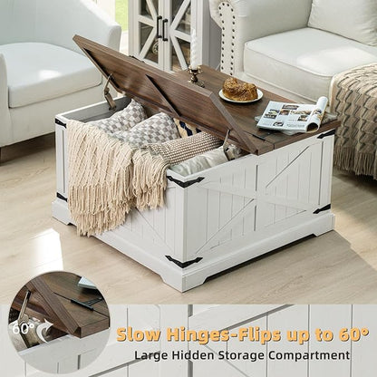 Farmhouse Coffee Table with Large Hidden Storage Compartment, Antique White Square Center Table, Wood Rustic Low Modern Living Room Tables with Hinged Lift Brown Top & Wooden Arc Base