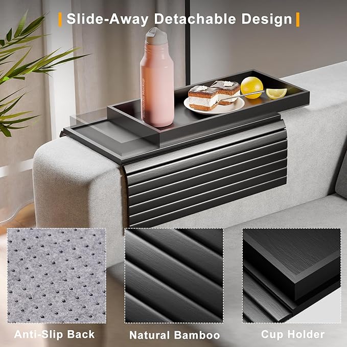Bestjing Bamboo Sofa Armrest Tray Table for Couch - 2-in-1 Couch Arm Table with Be Slide Detachable Tray- Anti-Slip Foldable Sofa Armchair Caddy for Drinks Cellphone TV Remote Snacks (Black)