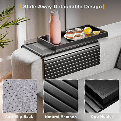 Bestjing Bamboo Sofa Armrest Tray Table for Couch - 2-in-1 Couch Arm Table with Be Slide Detachable Tray- Anti-Slip Foldable Sofa Armchair Caddy for Drinks Cellphone TV Remote Snacks (Black)