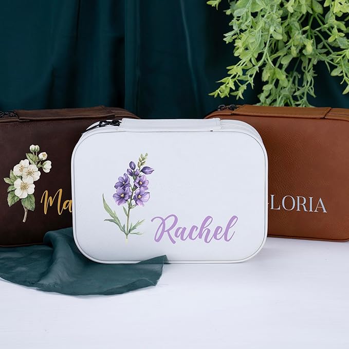Custom Leather Jewelry Box with Name & Birth Flower Month, Birthday Gifts for Women, Personalized Jewelry Travel Case - Customized Jewelry Organizer Box, Mom Birthday Gifts, Lime