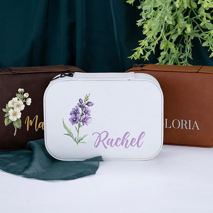 Custom Leather Jewelry Box with Name & Birth Flower Month, Birthday Gifts for Women, Personalized Jewelry Travel Case - Customized Jewelry Organizer Box, Mom Birthday Gifts, Emerald