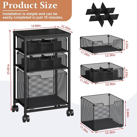 Sbanmao Rolling File Cart with 3 Drawers, File Cabinet with DIY Divider, Hanging Folder Holder Organizer with Wheels, Under Desk Storage Utility Cart, Printer Stand for Home Office, Black
