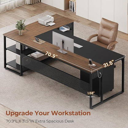 71" Executive Desk, Reversible L Shaped Desk with Mobile File Cabinet & Power Outlets, Large Office Desk with Drawers, Storage Shelves, Hooks, Corner Computer Desk for Home Office (Walnut)