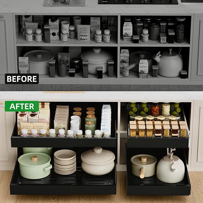 PAKETA 4 Pack Expandable Pull Out Cabinet Organizer, 21'' Deep Pull Out Drawers for Cabinets,Upgrade 3 Slide Rails Sliding Drawer for Kitchen Cabinet Organizer with Adhesive Nano Film (Black)