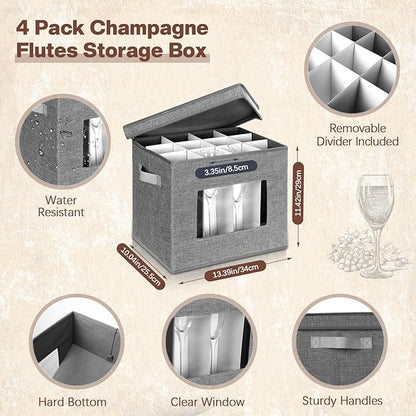 Uiifan 4 Pcs Champagne Flute Storage Box with Dividers 12 Compartment Stemware Storage Cases China Container Box with Lid, Handles, PVC Window for Moving, Gray
