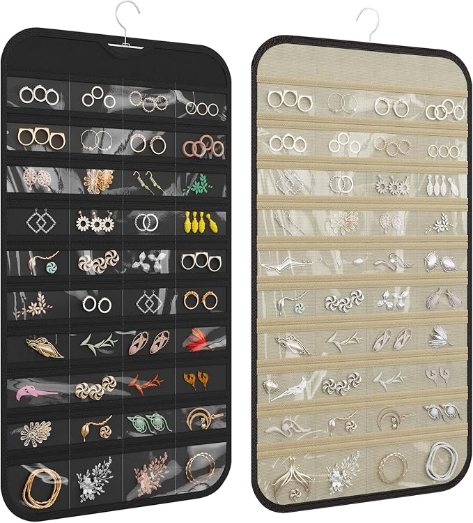 1 Pack Hanging Jewelry Organizer 80-Pocket Dual-sided Jewelry Storage for Earring Necklace Bracelet Ring Travel Holder, Black and Beige