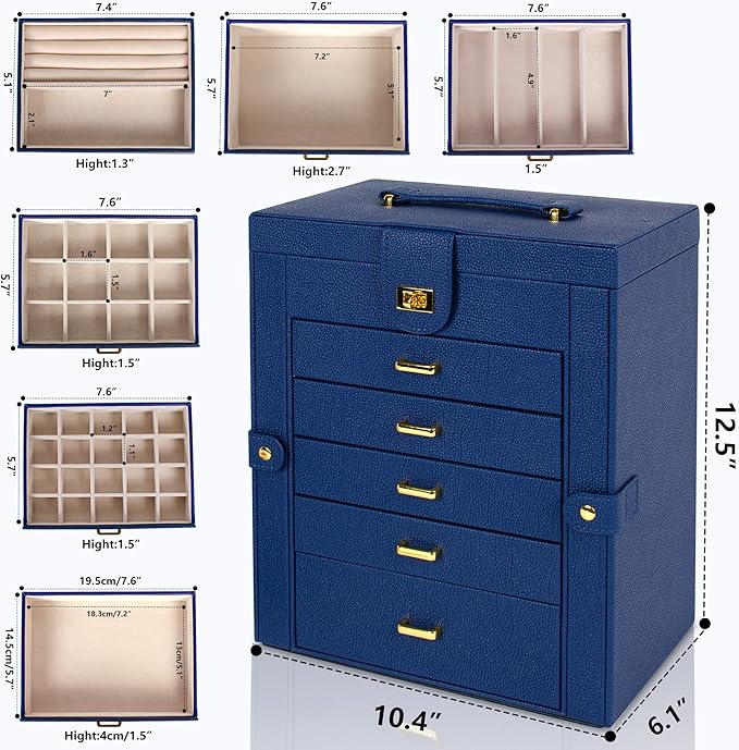 AKOZLIN Large Jewelry Box Organizer Functional Lockable with Big Mirror, Leather Jewelry Storage Case for Women Girls Ring Necklace Earring Bracelet Holder Organizer Blue